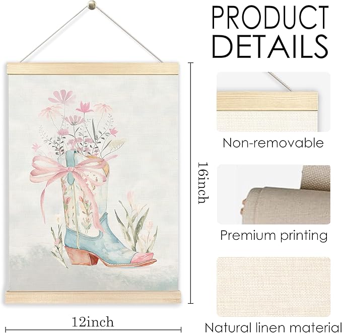 BESERH Coquette Western Wall Art Posters, Cowgirl Room Wall Decor, Preppy Pink Bow Floral Cowgirl Boots Western Canvas Prints Artwork Framed for Girls Bedroom Dorm Apartment, 12x16 Inch