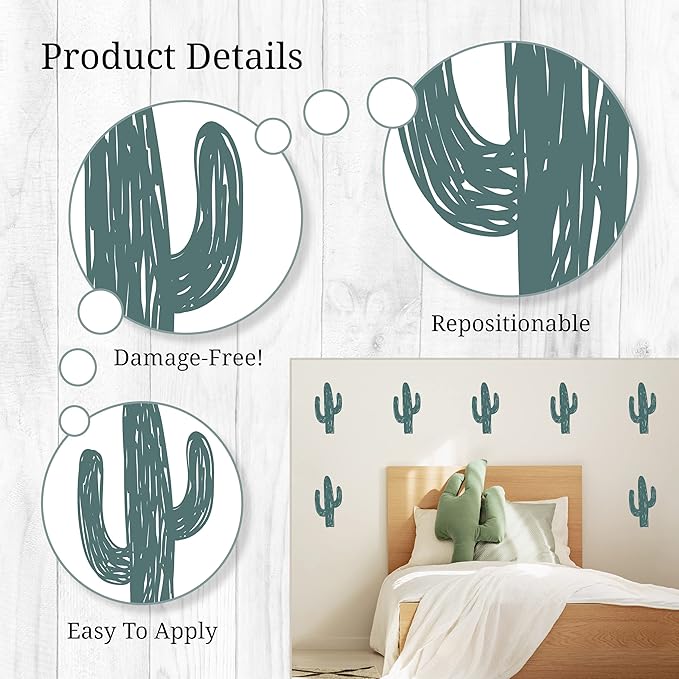 Cactus Wall Decals - Set of 12 8" Vinyl Wall Stickers for Nursery Bedroom Kitchen Classroom Decor Removable Peel and Stick Indoor Western Decor