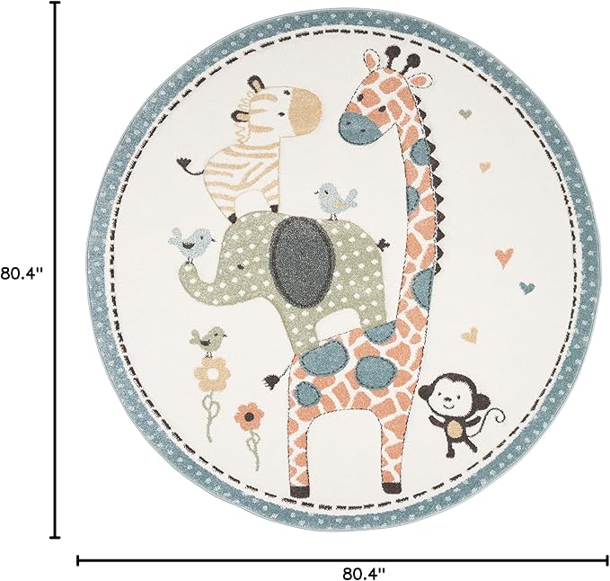 SAFAVIEH Carousel Kids Collection Area Rug - 6'7" Round, Ivory, Animal Design, Non-Shedding & Easy Care, Ideal for High Traffic Areas for Boys & Girls in Playroom, Nursery, Bedroom (CRK120A)