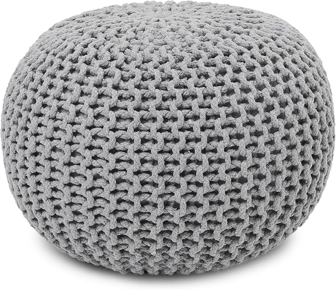 REDEARTH · Round Boho Pouf Ottoman - Cable Knitted Cord Boho Pouffe - Stuffed Poof Accent Beanbag Footrest for Living Room - Nursery - Bedroom - Covered Patio - Study Nook (18”x18”x14”) - Gray-S