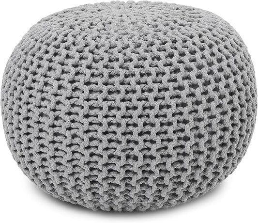 REDEARTH · Round Boho Pouf Ottoman - Cable Knitted Cord Boho Pouffe - Stuffed Poof Accent Beanbag Footrest for Living Room - Nursery - Bedroom - Covered Patio - Study Nook (19.5"x19.5"x14") - Gray