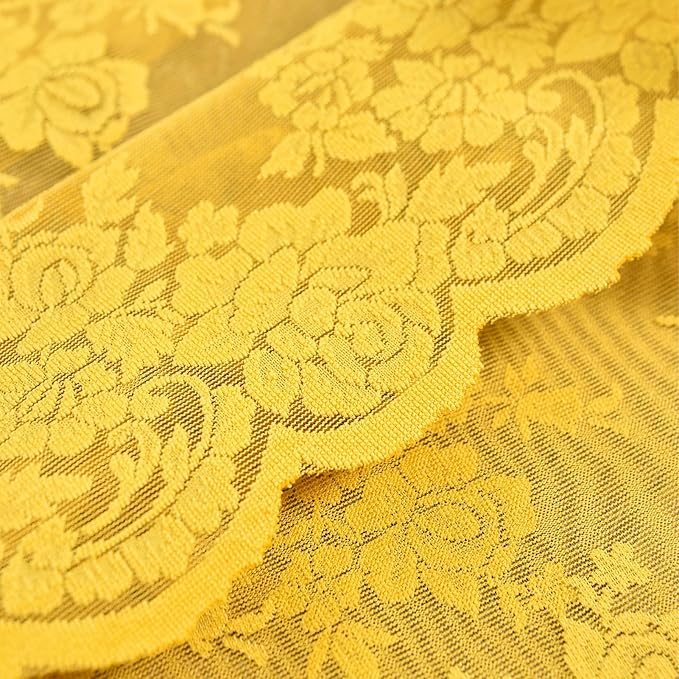 Kotile Mustard Yellow Sheer Curtains 90 Inches Long, Country Rustic Floral Retro Gold Lace Curtains for Living Room Bedroom, Rod Pocket Light Filtering Privacy Boho Window Curtain Drapes, 52 x 90 Inch