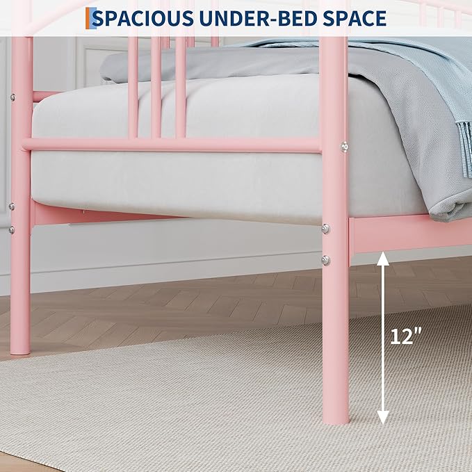 GarveeHome Twin Daybed, Sturdy Metal Day Bed with Steel Slat Support, Arched Headboard Sofa Bed for Living Room, Bedroom and Guest Room, Pink