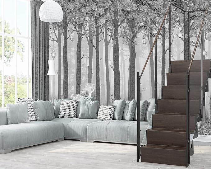 XMPMBM-Grey Cartoon Tree Nursery Room Fabric Wallpaper Misty Forest Wall Mural-W 132" X H 92"（93 Square Foot）