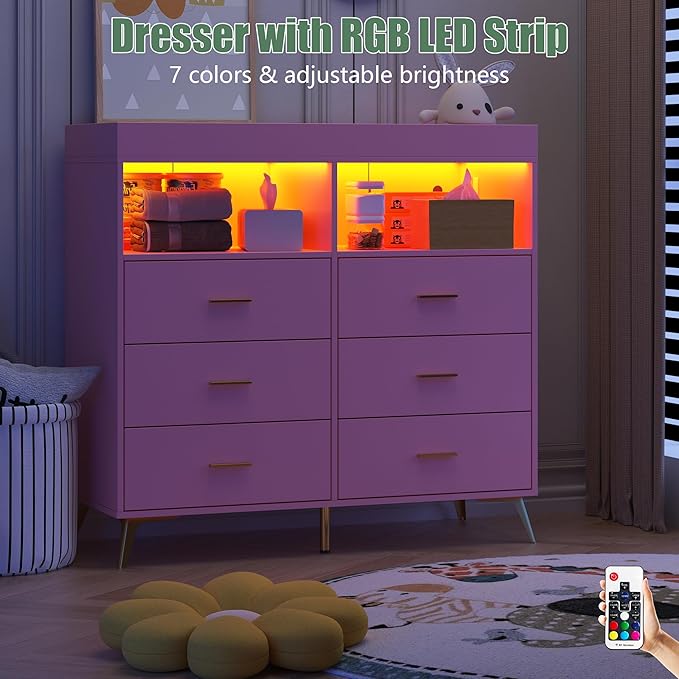 Dresser for Bedroom with LED Lights and Power Outlet, Baby Changing Table Dresser with 6 Drawers, 2 Open Storage Shelves, Baby Diaper Station with Changing Table Top (Pink)
