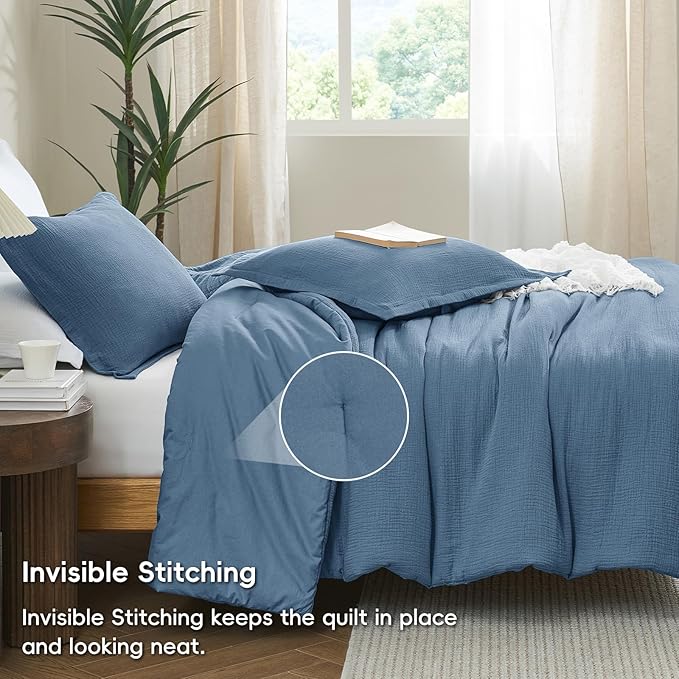 PHF Cotton Muslin Comforter Set King Size, Ultra Soft, Breathable & Lightweight All-Season, Filling: 100% Polyester, 3 Pieces with 1 Comforter 104"x90" and 2 Pillow Shams 20"x36", Captain's Blue