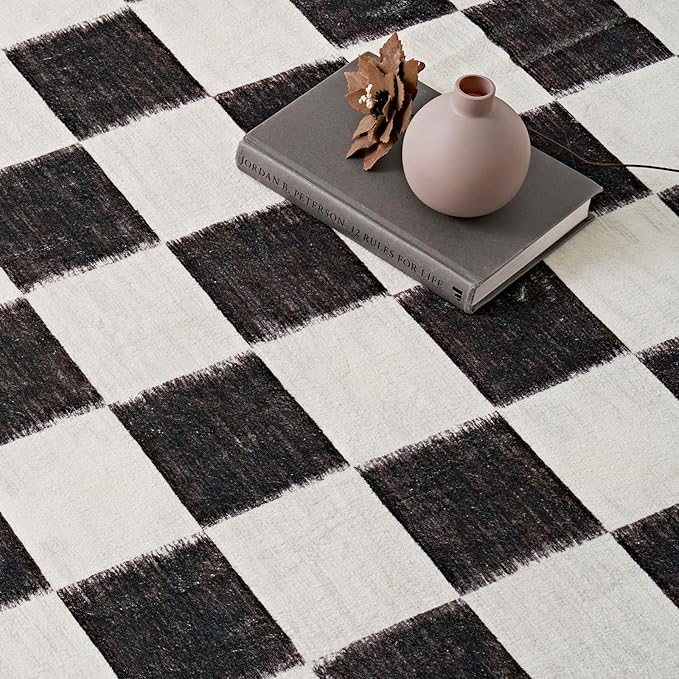 EverGrace Checkered Plaid Area Rug 2x10, Soft Fuzzy Faux Wool Rugs Washable Anti Slip Rugs Long Runner Rug Carpet for Entryway Bedroom Living Room Hallway Kitchen Dining Room and Laundry Room, Black