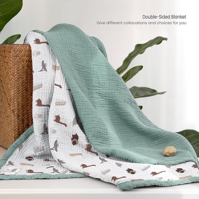 lulumoon Muslin Baby Blanket - Cotton Quilt Blankets for Toddlers - Reversible Nursery Crib Blanket for Baby Boys and Girls 47"x47"(Sage Dinosaur)