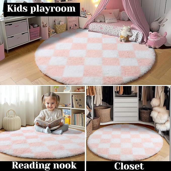 KICMOR Pink Round Rugs 5ft for Girls Bedroom, Fluffy Soft Checkered Circle Area Rug Cute Fuzzy Shag Shaggy Living Room Carpet, Indoor Plush Circular Rug for Kids Room Nursery Home Decor Aesthetic