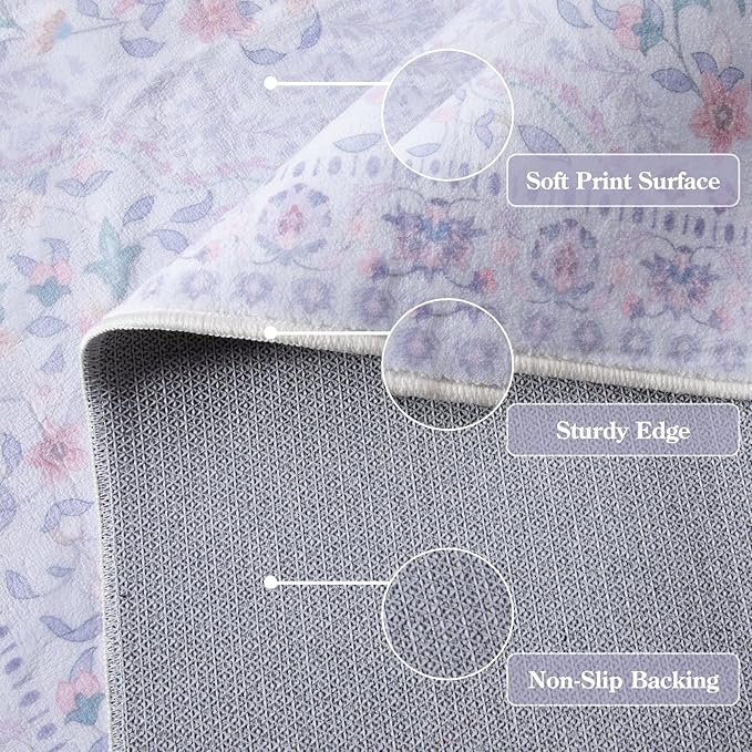 Wonnitar Floral Purple Rug for Nursery, Washable 5x7 Kids Rug, Boho Ultra-Thin Soft Non Slip Vintage Carpet for Bedroom Dorm Living Room Playroom Office, Pale Purple