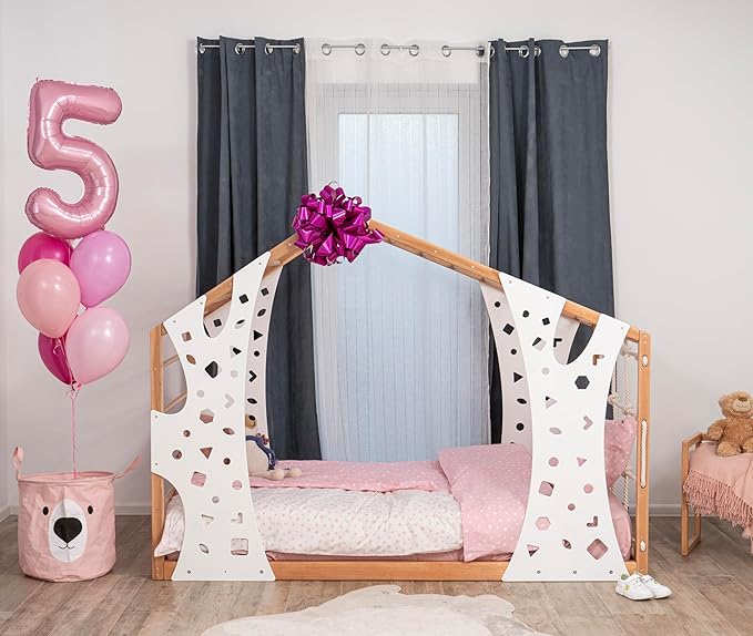 2-in-1 Montessori Bed with Wooden Play Gym for Home Activities, Made in Europe 75 x 38 Twin Floor Bed, 5 Colors Space Saving House Bed Combined with Toddler Gym for Boys&Girls, Water Based Paint Used