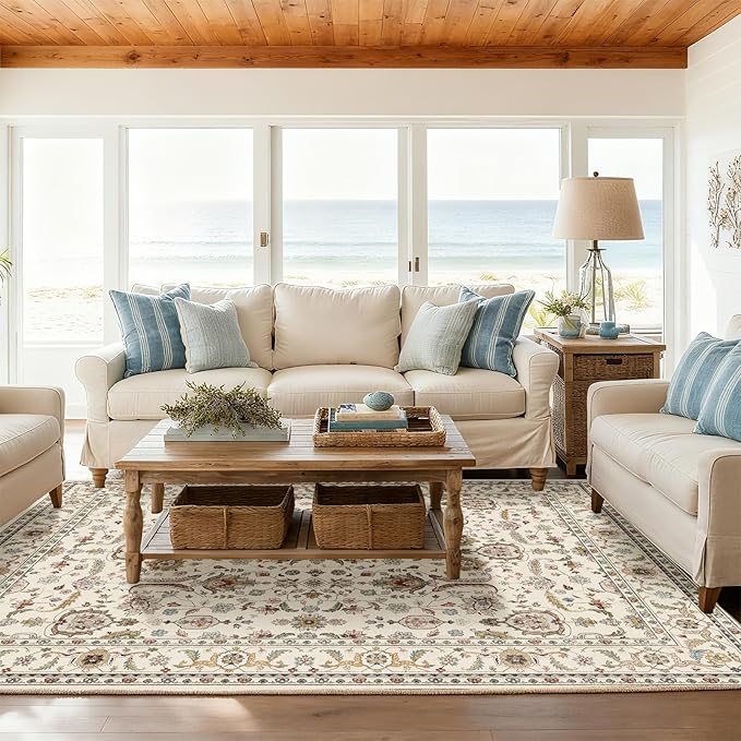 Washable 8x10 Area Rugs for Living Room, Boho Non-Slip Vintage Distress Large Rugs for Bedroom Dining Room Nursery Office, 0.3" Neutral Oriental Throw Thin Carpet, Beige/Rust/Green/Multi