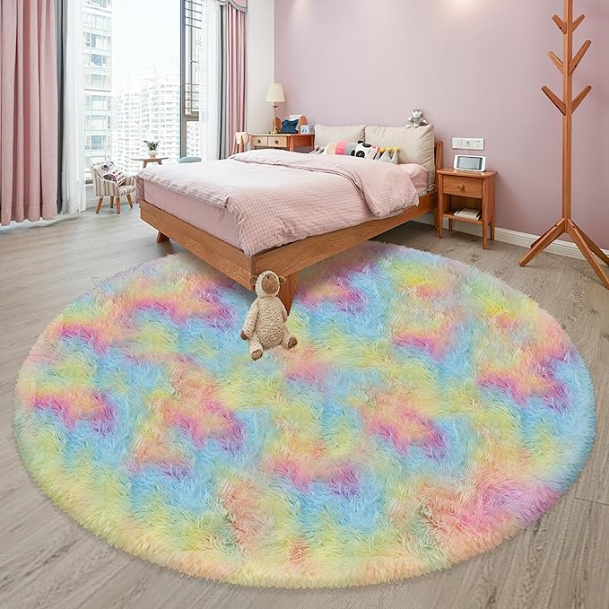Rainbow Fluffy Round Rug 8Ft for Girls Bedroom, Colorful Soft Shaggy Circular Rug Plush Fluffy Circle Carpet Fuzzy for Nursery Baby Toddler Room Playroom Dorm Iving Room Home Decor