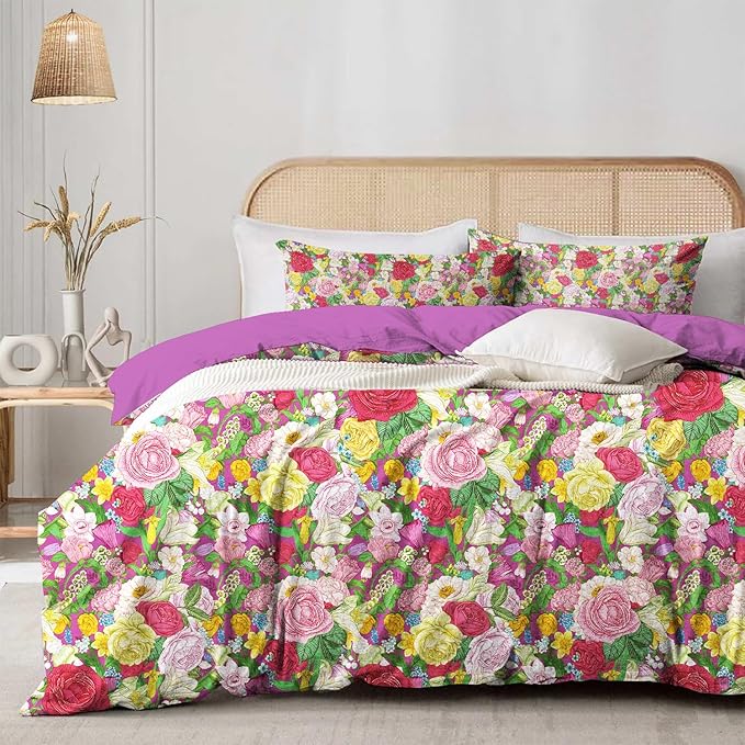 MAGRACE Casual Queen Size Duvet Cover Set - 3 Pieces Floral Vine Pleated Duvet Cover King, All Season Lightweight, Extra Softness Bedding Cover Shams