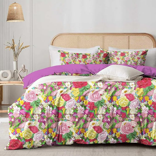 MAGRACE Cotton Duvet Cover Queen- Super Soft Breathable Durable Vintage Floral Purple Reversible Duvet Cover Set -Duvet Cover with Pillow Shams