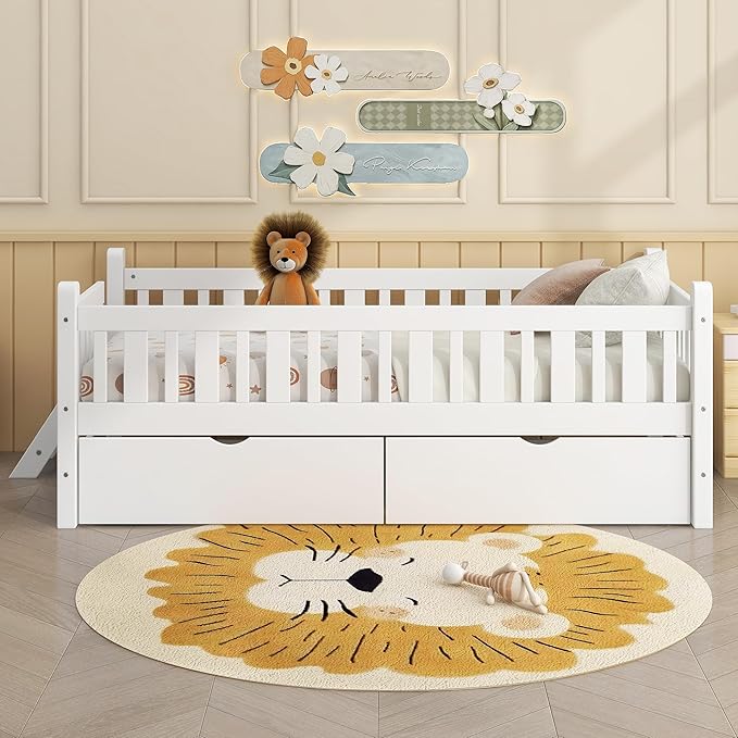 Twin Size Platform Bed with Guardrail and 2 Drawers, Wood Kids Platform Bed Frame with Two-Step Ladder for Boys Girls, Sturdy Slats Support (White-1.26)