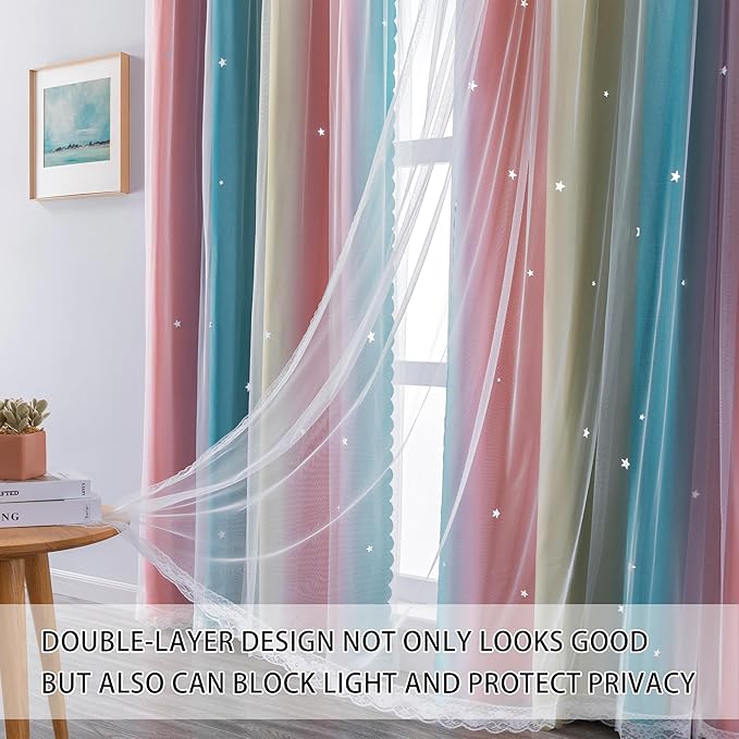 XiDi Girls Curtains for Bedroom 90 Inches Long 2 Panels Pink Blue Yellow Rainbow Blackout Curtains for Little Girl Kids Room Decor Living Room, Princess Unicorn Wall Decals Drapes 52x90