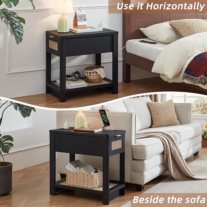 Lerliuo Narrow Night Stand Set of 2 with Charging Station, Boho Nightstand with Drawer, Bed Side End Table with Rattan Shelf for Small Spaces, Wood Nightstands Bedside Tables for Living Room Bedroom