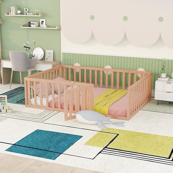Merax Full Floor Bed with Safety Guardrails and Door, Wood Montessori Floor Bed Frame for Kids, Full Playhouse Bed Frame for Baby Girls and Boys, Natural