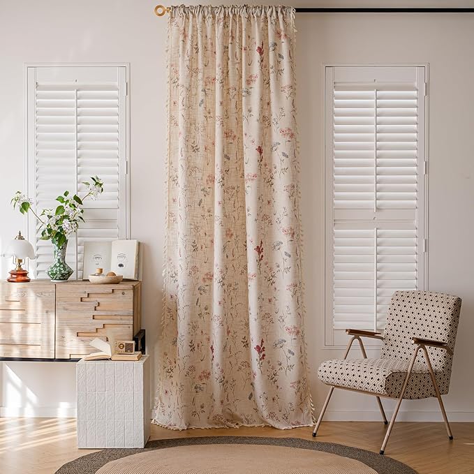 OYX Floral Curtains 2 Panels 52x63 Inches, Boho Tassel Semi-Sheer Light Filtering, Rod Pocket Farmhouse Window Drapes for Bedroom Living Room Dining Room, Bohemian Aesthetic Decor