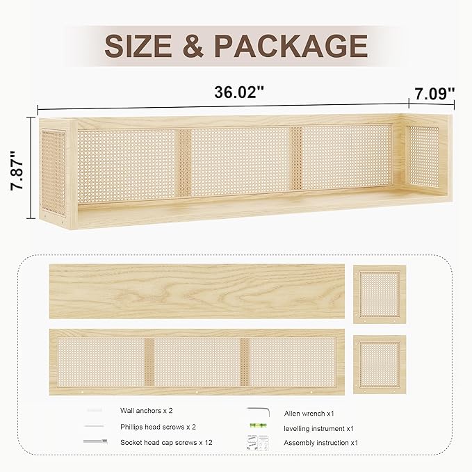 Rattan Wall Shelf - 36 Inch Long Natural Pine Wood Floating Wicker Shelf for Neutral Nursery Decor and Living Room, Bedroom
