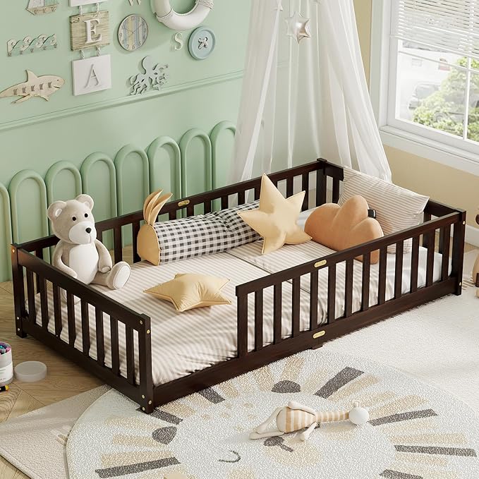 Twin Size Floor Bed for Kids, Wood Montessori Floor Beds with Fence Railings and Slats Support, Twin Playhouse Bed Frame for Boys Girls, No Box Spring Needed, Espresso