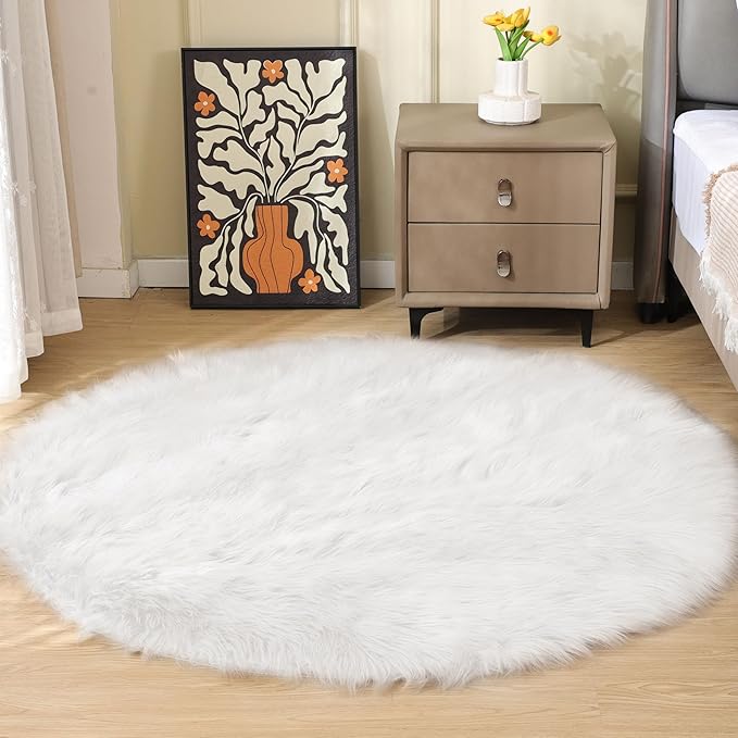 White Fluffy Faux Sheepskin Washable Fur Round Rug 5ft Nursery Rugs for Bedroom Plush Boho Circle Rug for Living Room Teen Room Décor