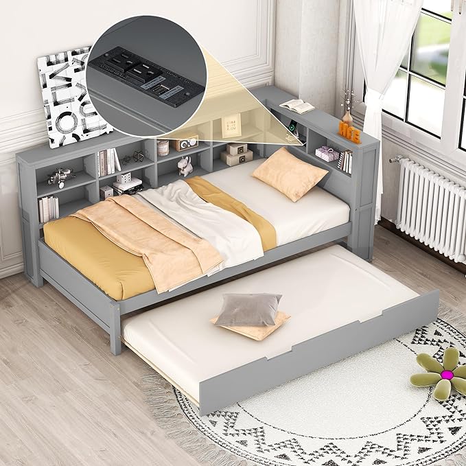 Harper & Bright Designs Twin Size Daybed with Trundle and Charging Station, Wooden Twin Storage Bed Frame with L-Shaped Bookcases, Twin Platform Bed with Shelves for Kids Girls Boys, Gray