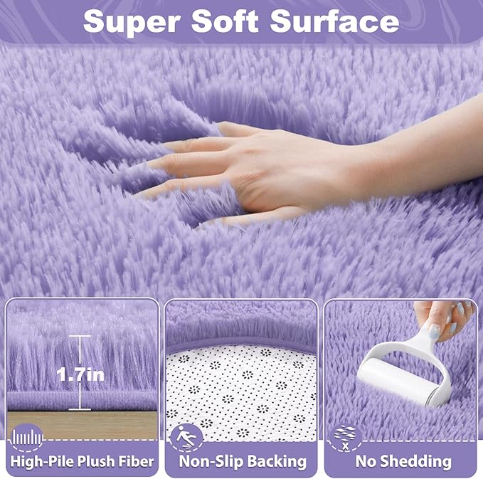 EVOIONOS Lavender Purple Round Rug for Bedroom, 4x4 Ft Fluffy Soft Circle Area Rugs Living Room, Plush Shaggy Circular Carpet Indoor Floor Bedside Kids Nursery, Machine-Washable Home Decor Aesthetic