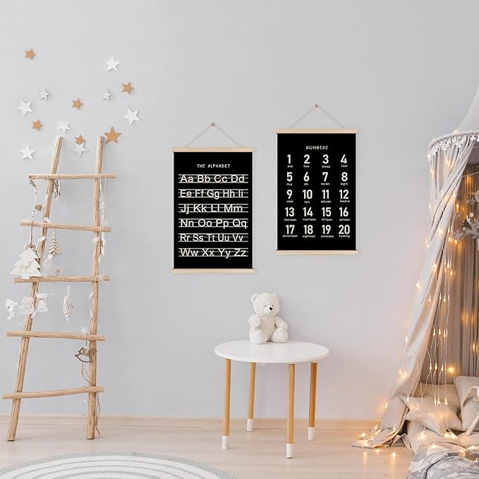 HRQKO Black Alphabet Numbers Poster Hanger Frame Set of 2, Nursery Wall Decor, ABC Poster Wall Art with Wooden Frames, Alphabet Banner Wall Hanging Decor for Playroom Boy Toddler Room, 16x24 inch