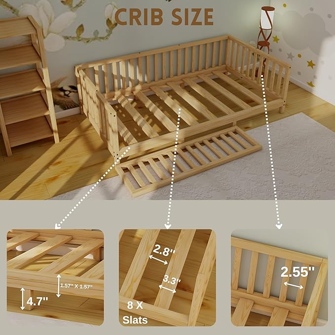 Montessori Floor Bed Designed with Open Front for Girls and Boys | Pine Wood Natural Solid Frame Beds Footed Model with Slats | Sturdy Designed Floor Bed Frame for Kids (Crib, Height : 23 Inches)