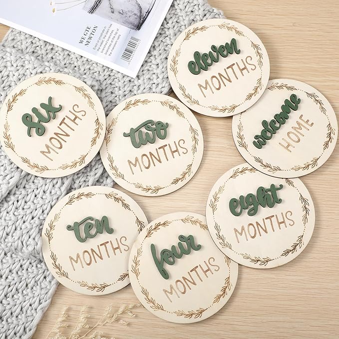 7 Pack Baby Monthly Milestone Cards Sign, Double Sided Baby Milestone Signs Wooden Marker Discs for 1-12 Months Baby Milestone Pictures Baby Shower Gifts