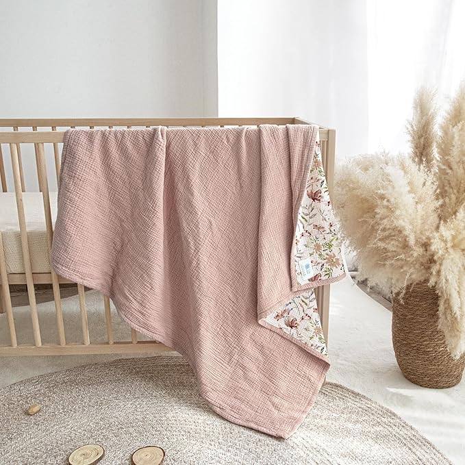 lulumoon Muslin Baby Blanket for Girl: Floral Cotton Toddler Blanket - Soft Lightweight for Nursery & Daycare 47"× 47"(Pink Flower)