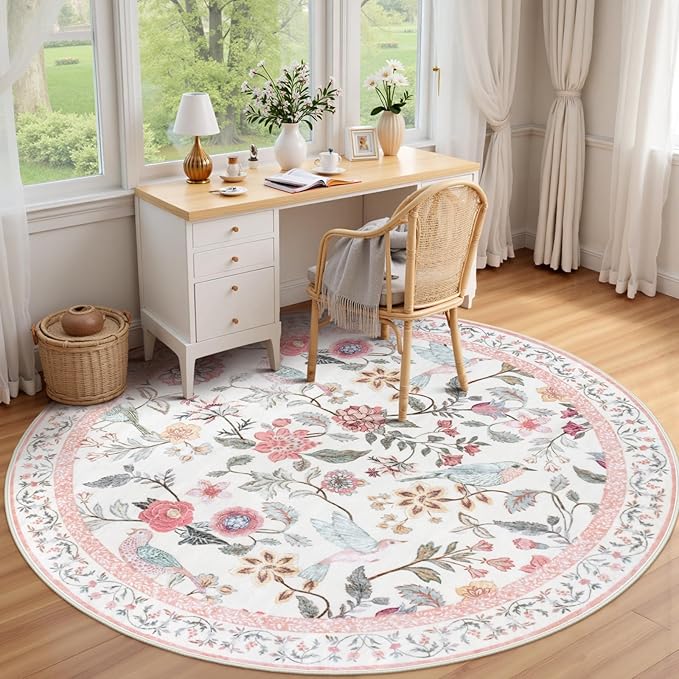 Pink Floral Round Rugs 6ft, Washable Boho Large Circle Rug for Living Room, Soft Non-Slip Botanical Nursery Circular Carpet, Modern Flower Birds Throw Rug for Kids Room Bedroom