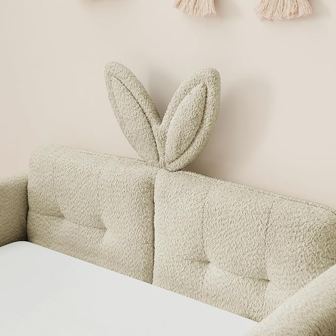 DEINPPA Twin Size Platform Bed Frame with Rabbit Ear Shaped Headboard and Pocket, Boucle Upholstered Bed Frame with Guardrail for Children Kids Boys Girls-Camel