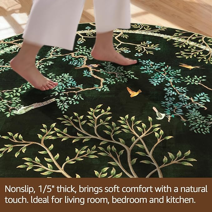 jinchan Yarden Christmas Round Rugs 6ft Moss Green Botanical Birds Print,Machine Washable 6' Circle Nature Plants Modern Soft Non-Slip Kids Throw Area Rugs, Low Pile Carpet for Living Room Bedroom
