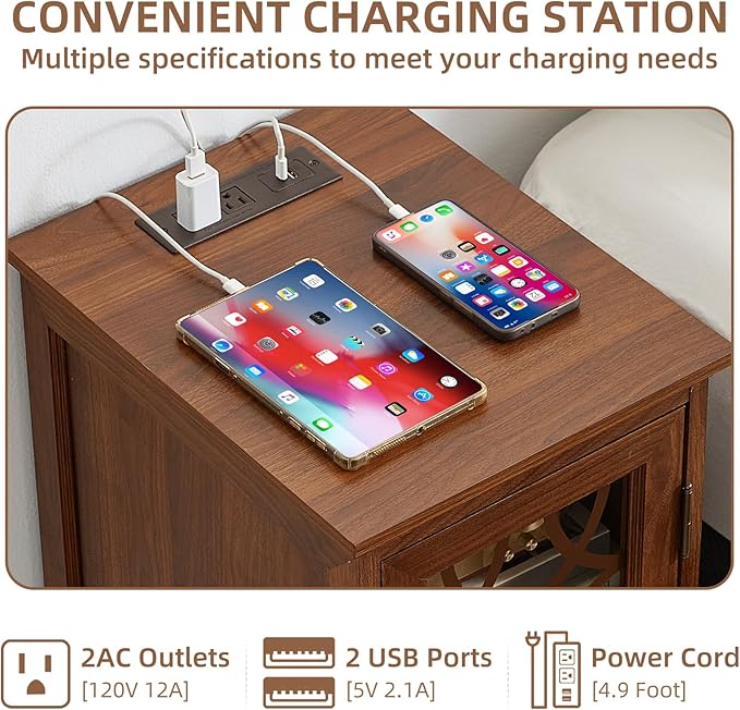 Narrow Side Table with Charging Station Set of 2, Night Stand with Glass Door,Bedside End Tables with Adjustable Shelf Storage Cabinet,Wood Nightstand for Small Spaces Living Room Bedroom