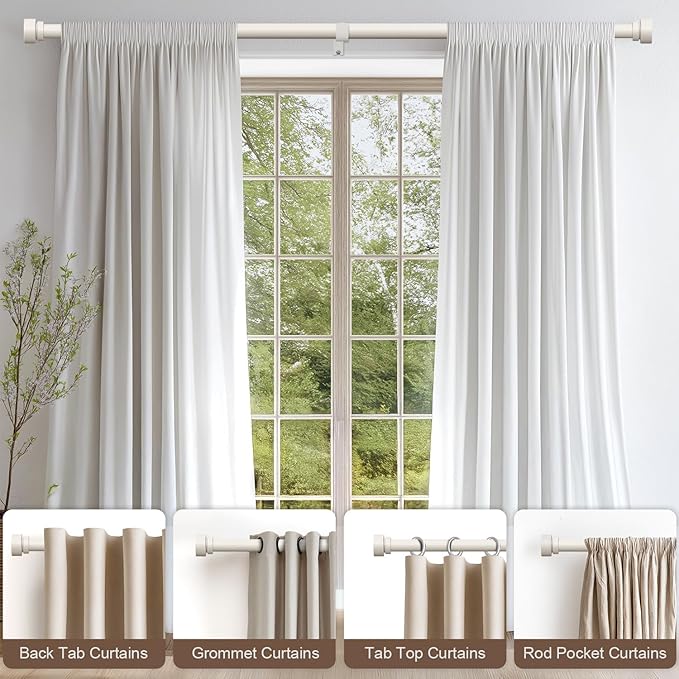 Modern White Curtain Rods for Windows 28 to 48 Inches Adjustable Length Heavy Duty 1" Diameter Window Curtain Rod with Decorative Finials for Outdoor Bedroom Kitchen Living Room