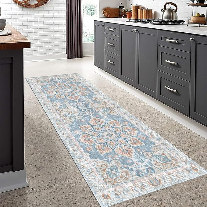 Vhong Washable Area Rugs Boho Vintage Neutral Modern Small Carpet Pale Blue 2x6 Non Slip Runners for Kitchen Laundry Bedroom Living Room