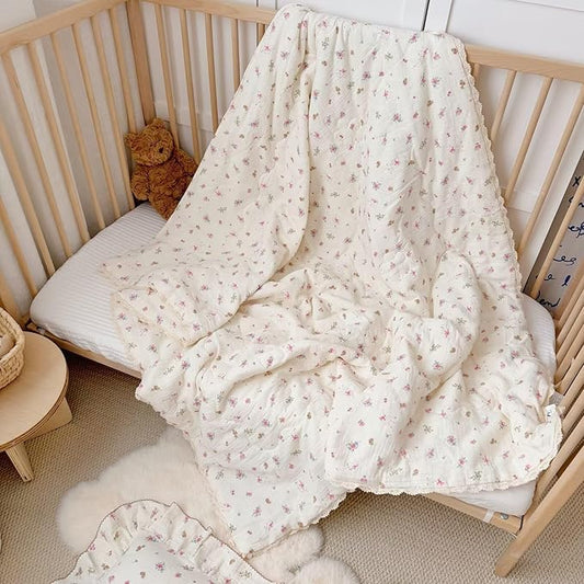 BuLuTu Pink Floral Kids Blanket for Todder/Twin Bed Muslin Cotton Comforter for Girls Boys, Soft Breathable Quilted Blanket Cute Sheep Pattern Toddler Quilt for All Seasons, 60x78 Inches