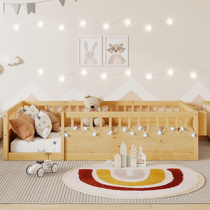 KEIKI Twin Size Floor Bed w/Light & Storage, Wood Montessori Platform Bed Frame w/Safety Rails, Space Saving Kids Beds for Boys Girls Bedroom Playing Room, Easy Assembly Bedframe, Noise Free, Brown