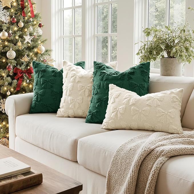 MIULEE Christmas Dark Green Bow Pillow Covers Coquette Room Decor Aesthetic Set of 2 Decorative Cute Girl Throw Pillow Soft Plush Faux Pillowcase for Girl Bed Couch Sofa,18x18 Inch