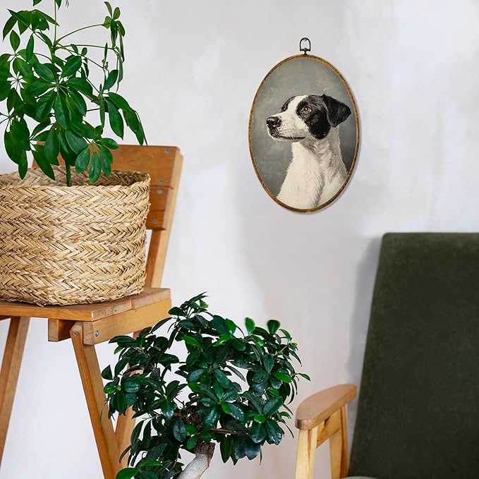 Hiuwevt Vintage Dog Oval Wall Art Decor, Antique Dog Gifts Framed Canvas Prints, Rustic Retro Puppy Oval Wall Hanging Decor for Home Gallery Decorations, 8.6x11.4 Inches
