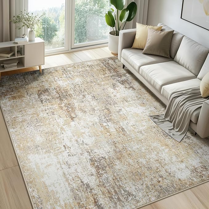 Washable Area Rugs 7'x9' Non-Slip Modern Abstract Soft for Living Room Entryway Bedroom Nursery, Print Pattern, Neutral Brown Gray