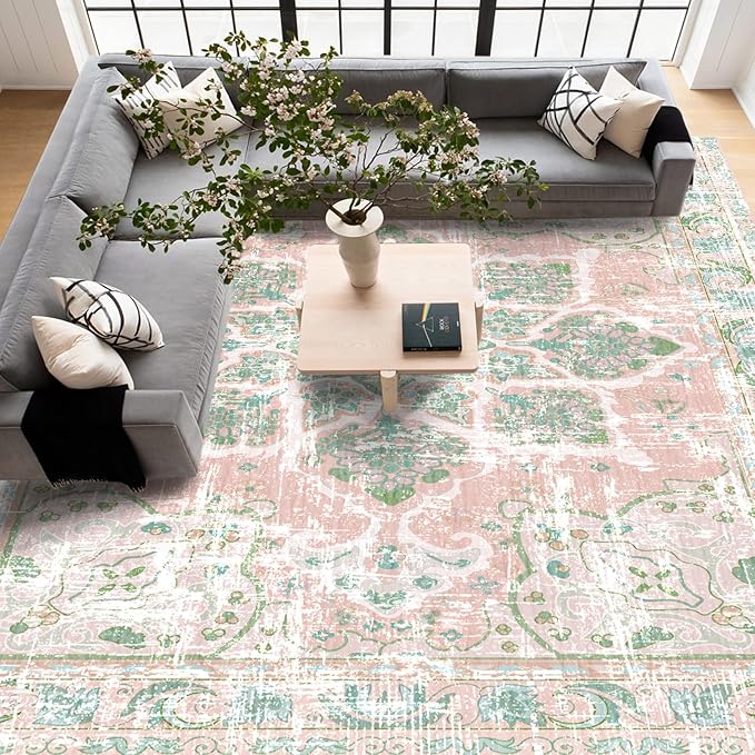 Vhong Boho Area Rugs Vintage Washable Neutral Modern Dusty Pink and Green 9x12 Non Slip Large Carpet for Nursery Living Room Dining Room Bedroom Farmhouse Girls Room