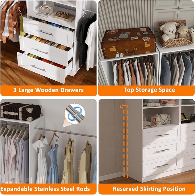 4–8FT Closet System with 3 Wood Drawers, Closet Organizer System with 5 Stainless Steel Rods, Modular Walk-in Closet System with Shelves, Wall Mounted Built-in Closet Organization System