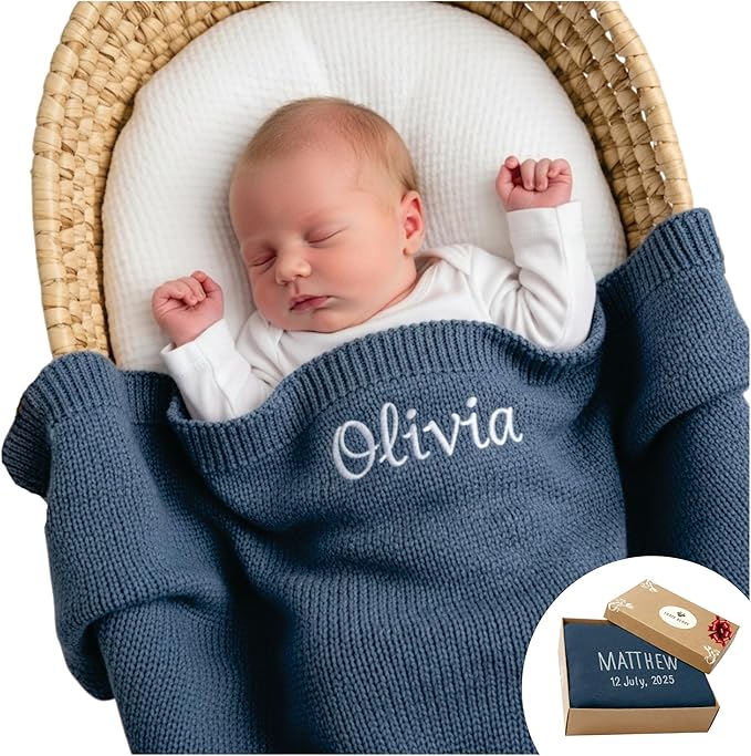 Personalized Baby Blanket with Name - Customized Baby Blanket for Boys & Girls - Embroidered Baby Name Blanket - Monogrammed Newborn Gift - 100% GOTS Certified Organic Cotton (Grey Blue)