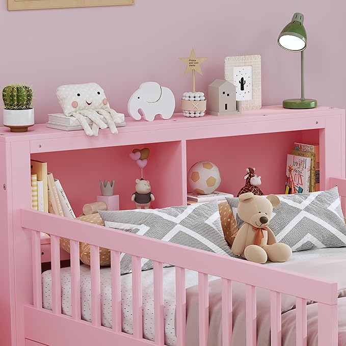 Wood Twin Size Platform Bed with Safety Fence for Kids Boys Girls, Platform Bed Frame with Practical Headboard and 2 Under-Bed Drawers, Sturdy Slats Support (Pink-3.15)