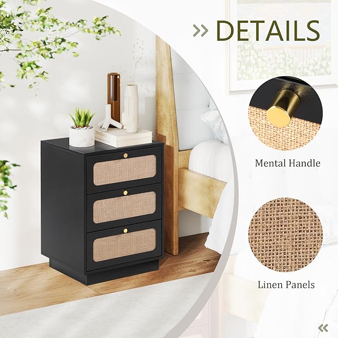 16 Inch Nightstand with 3 Drawer, Modern Wood Night Stand Storage with Linen Decor, Farmhouse Small Side Table for Sofa Couch, End Table for Bedside Bedroom, Living Room (Black)