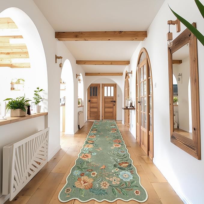 Lahome Floral Hallway Runner Rug Non Slip, 2'6''x10' Washable Runner Rug Soft Ultra-Thin Soft Kitchen Runners for Hallways, Distressed Carpet for Entryway Bathroom(Green)